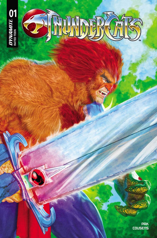 Comic book cover for Thundercats Issue 01, featuring a muscular cat-like warrior with red hair and a large silver sword, with the Thundercats logo at the top and Dynamite branding on the left.