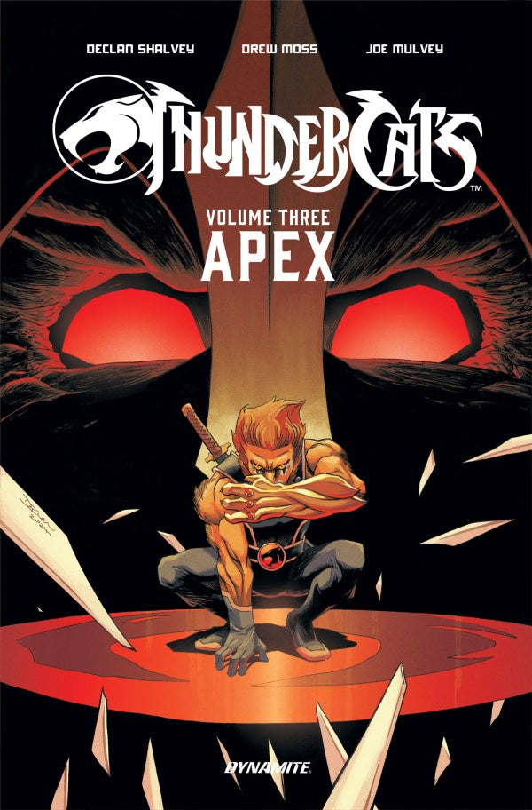 Comic book cover of 'ThunderCats' Volume Three: Apex with a character holding a weapon in front of a large, menacing cat-like creature.