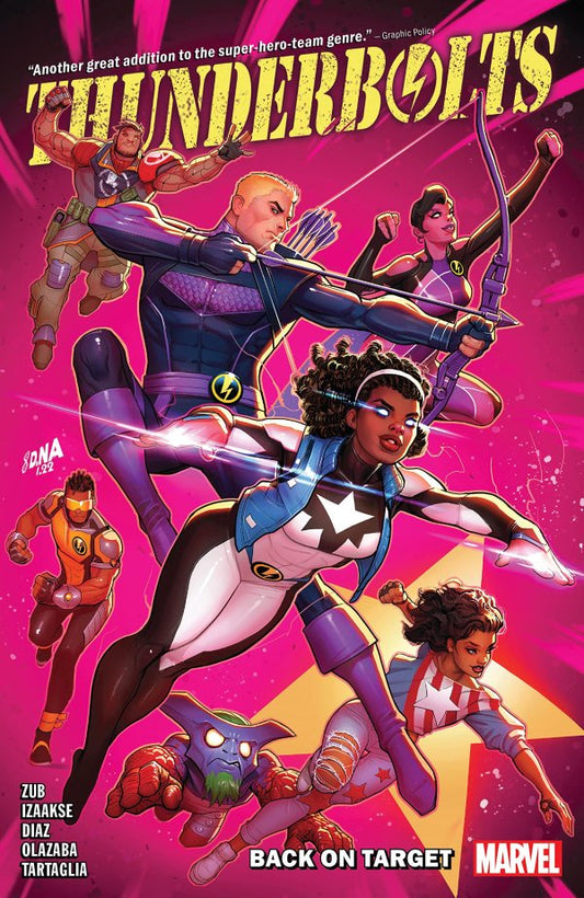 Comic book cover featuring superhero characters with a pink background and Marvel branding.