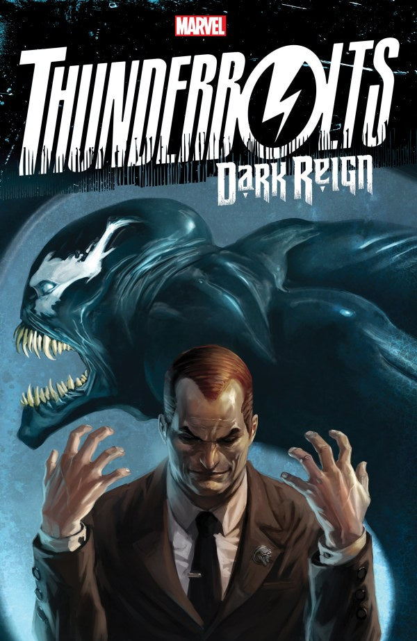Comic book cover featuring a character with a large creature and 'Marvel Thunderbolts Dark Reign' text.