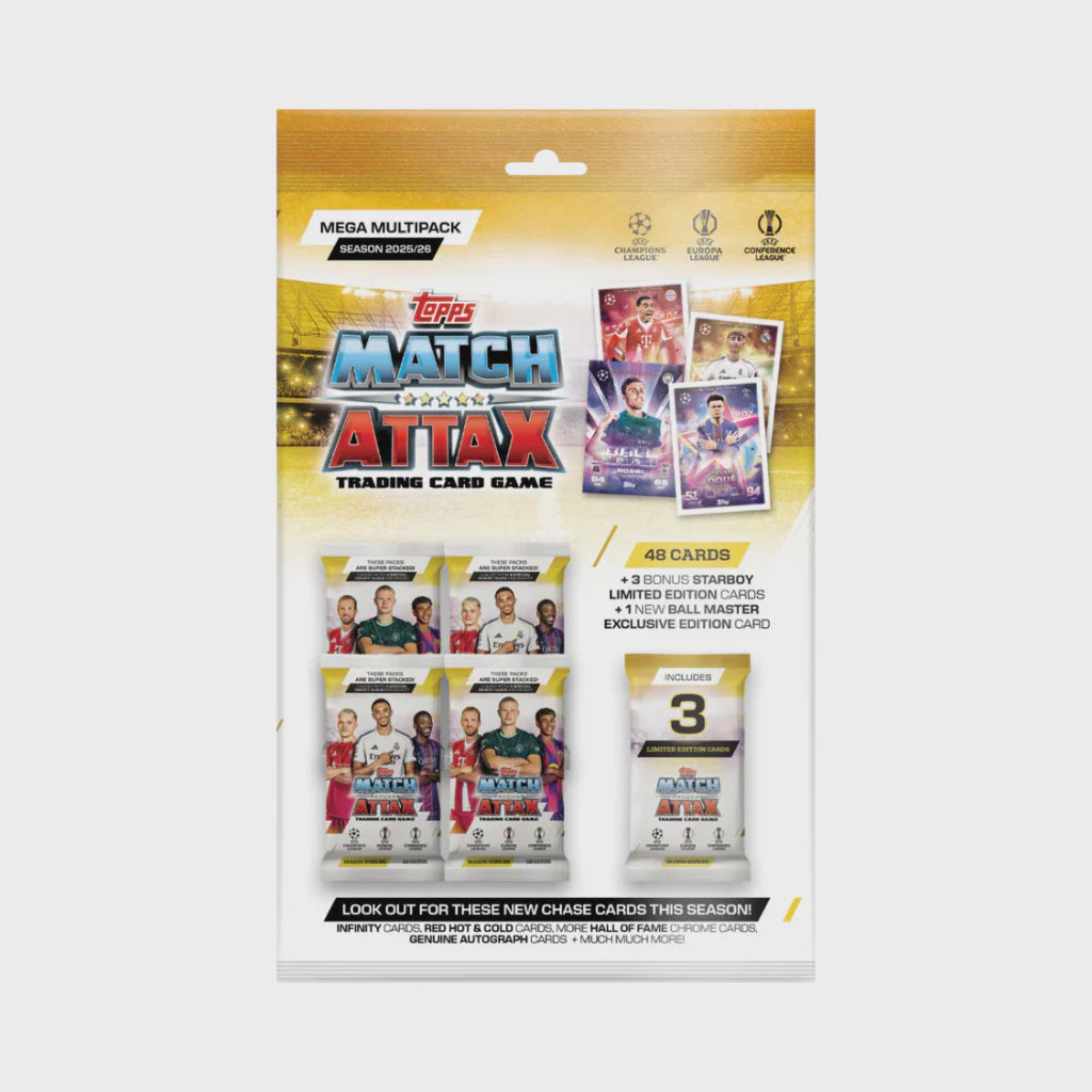 Topps Match Attax trading card game mega multipack packaging on a white background
Whether you're a seasoned collector or new to the game, the Mega Multipack offers unbeatable excitement with every purchase. Enjoy exciting new categories such as Leaders, Cup Champions, Showboats, Magic Memories, Stealth Strike and Counter Attax, plus returning favourites such as Heritage, Team Badges, Chrome Shield, 100 Club and the unbeatable 100 Club. Build your dream team, trade with friends, and dominate the competition
