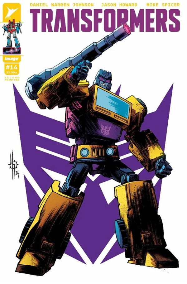 Comic book cover featuring a Transformer robot with a purple background