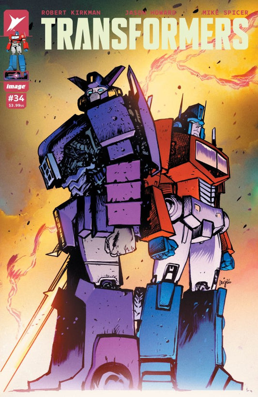 Comic book cover of 'Transformers' featuring two robots against a colorful background.