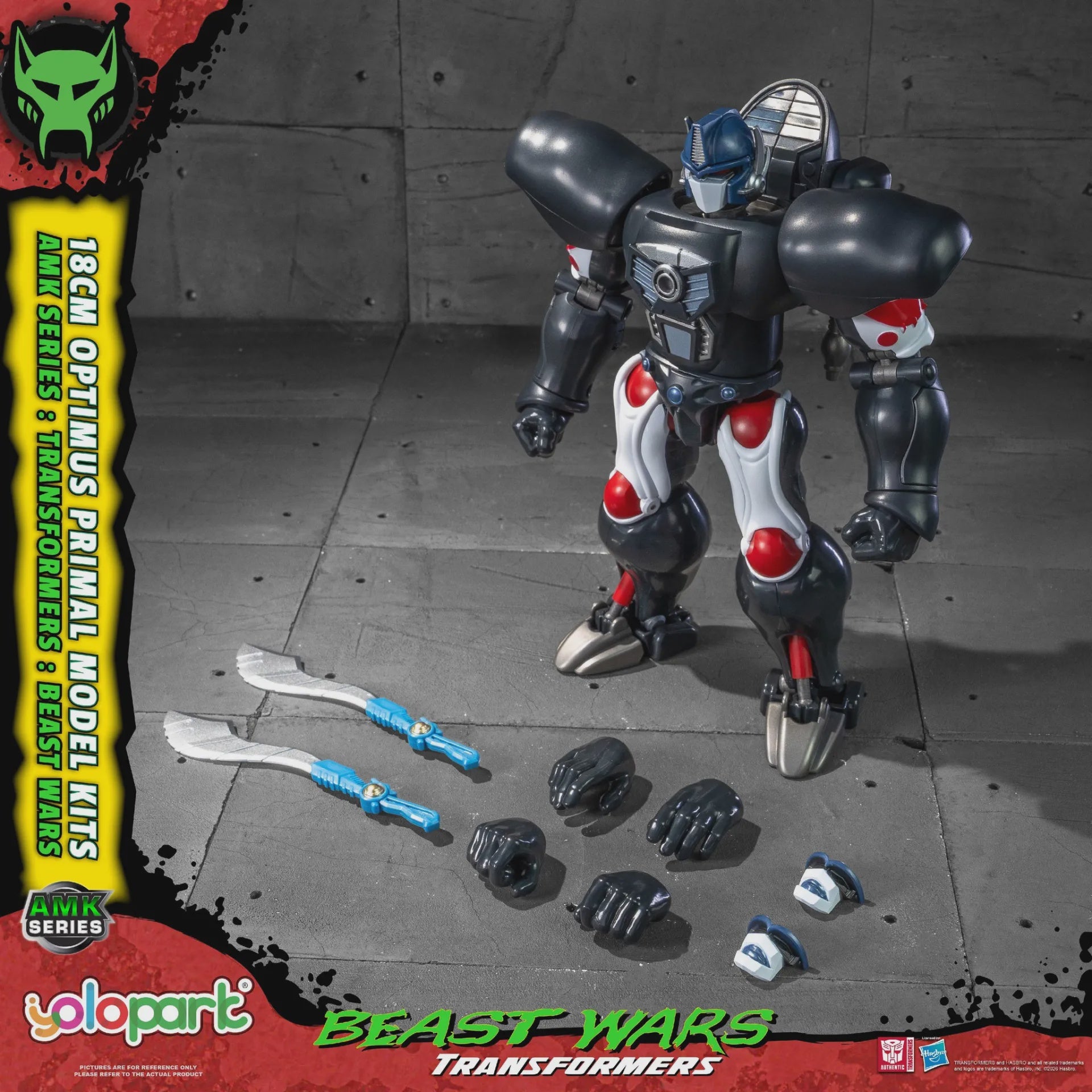 Transformers Beast Wars Optimus Primal model kit with parts on a dark concrete floor.
