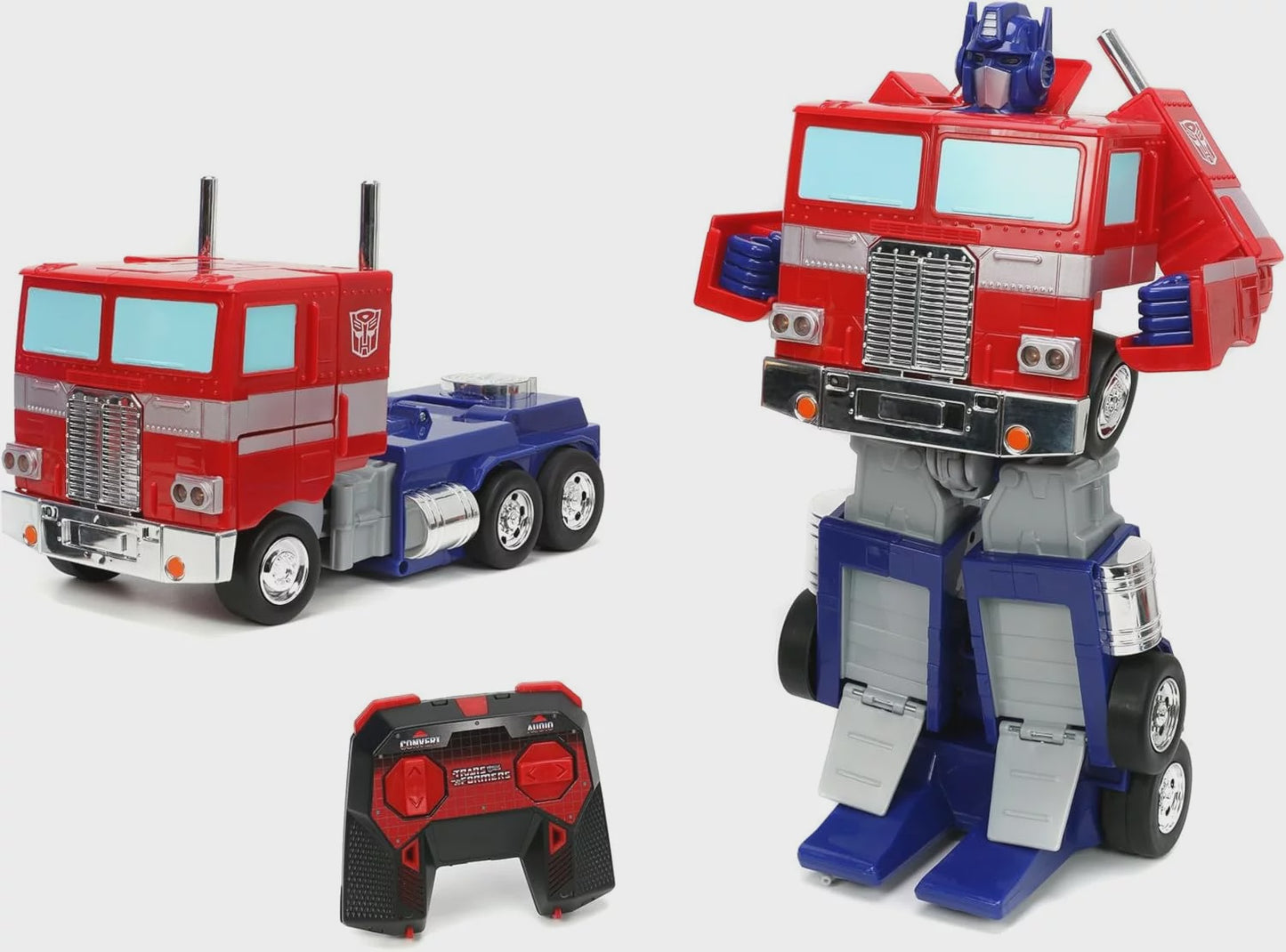 Transforming toy figure with truck and robot forms on a white background