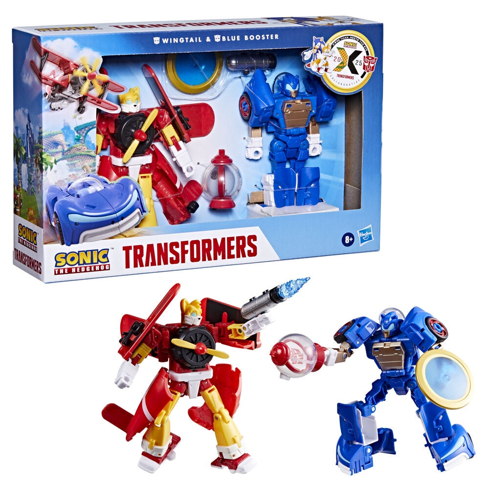 Transformers toy set with red and blue figures in front of their packaging