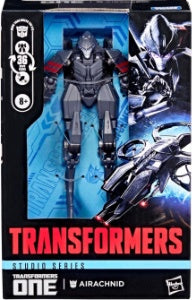 Transformers action figure in packaging with 'Airachnid' branding