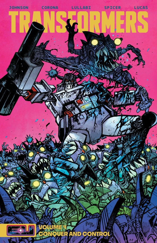 Comic book cover featuring a robot character with a pink background and text 'Transformers'.