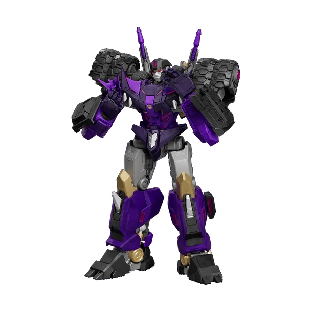 A purple and black robot toy figure with gray and gold accents, standing on a plain white background.