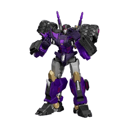 A purple and black robot toy figure with gray and gold accents, standing on a plain white background.