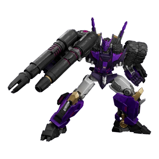A purple and black mecha robot toy figure with a large dual-barrel weapon mounted on its right arm, shown against a plain white background.