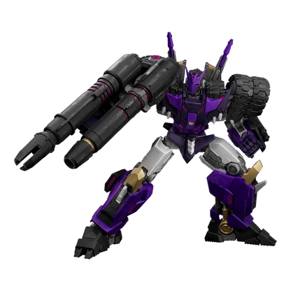 A purple and black mecha robot toy figure with a large dual-barrel weapon mounted on its right arm, shown against a plain white background.