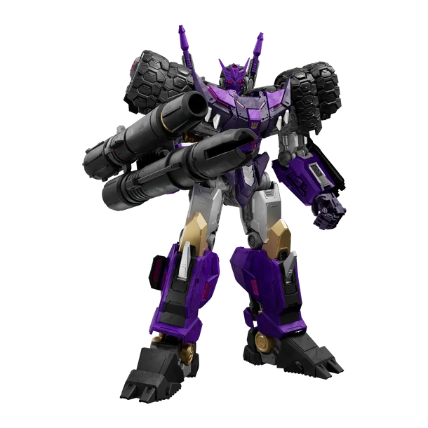 A purple and black mecha robot toy figure with large gun barrels on its shoulders, standing against a plain white background.