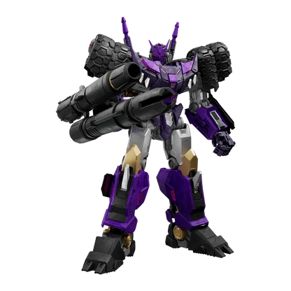 A purple and black mecha robot toy figure with large gun barrels on its shoulders, standing against a plain white background.