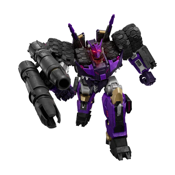 A Transformers-style robot toy figure in a dark purple and black color scheme, featuring a large cannon on its right arm, textured armor plating, and gold accents on its legs, isolated on a white background.