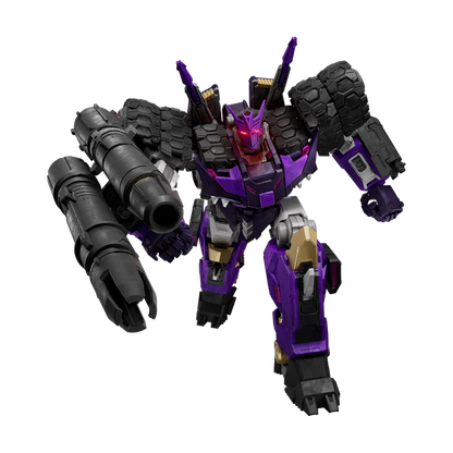 A Transformers-style robot toy figure in a dark purple and black color scheme, featuring a large cannon on its right arm, textured armor plating, and gold accents on its legs, isolated on a white background.