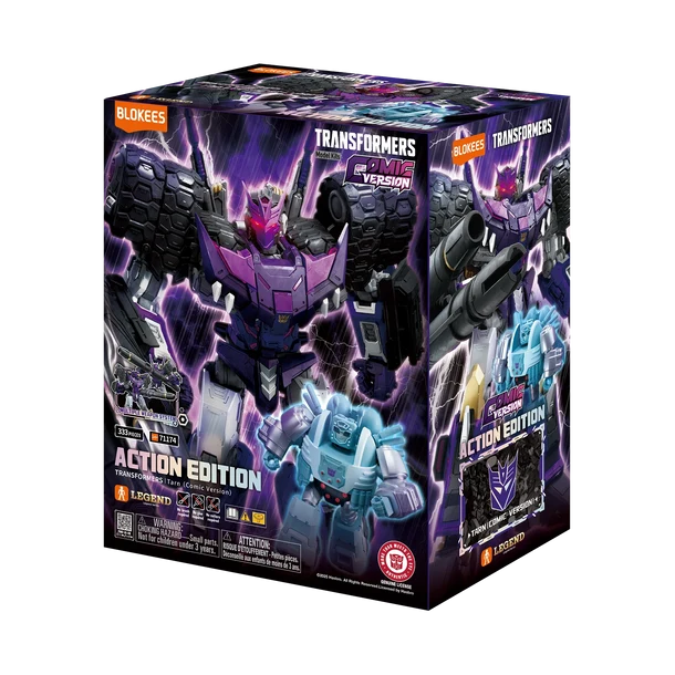 Transformers toy action figure packaging with purple and black color scheme