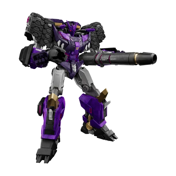A purple and black robot toy figure with a large cannon mounted on its shoulder, shown against a plain white background.