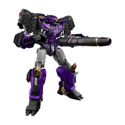 A purple and black robot toy figure with a large cannon mounted on its shoulder, shown against a plain white background.