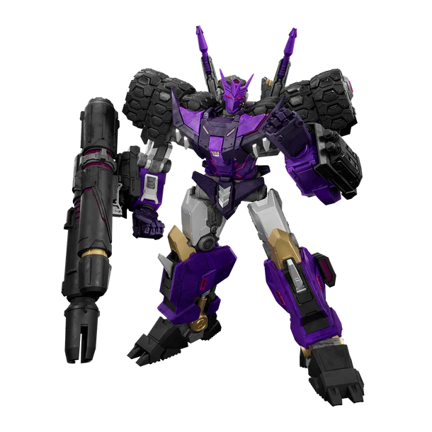 A purple and black robot toy figure with large tire-like shoulder pieces, a long gun in one hand, and metallic silver and gold accents on its legs, isolated on a black background.