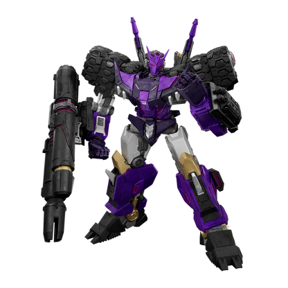 A purple and black robot toy figure with large tire-like shoulder pieces, a long gun in one hand, and metallic silver and gold accents on its legs, isolated on a black background.