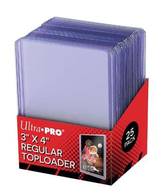 ULTRA PRO - Toploader - 3" x 4" Clear Regular (25 pieces) Box of Ultra Pro 3x4 regular toploaders with a clear toploader inside.