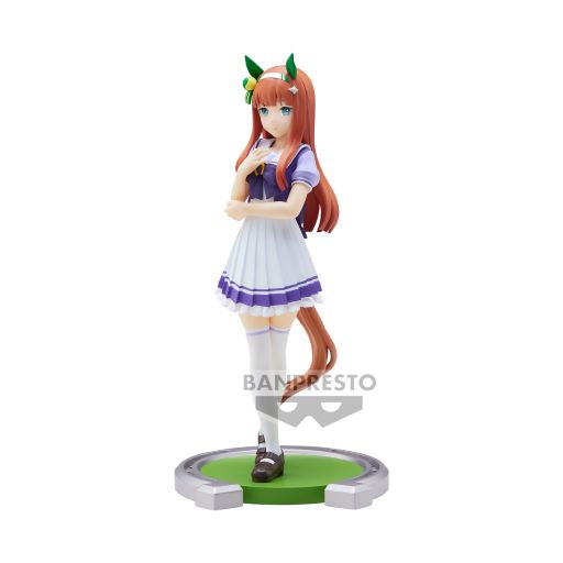 An 18cm figurine of a female anime character with red hair and green eyes, dressed in a white and purple school uniform, standing on a green base.