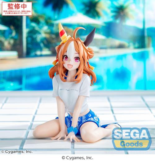 Anime figurine with party hat sitting by a pool, with SEGA Goods branding.
