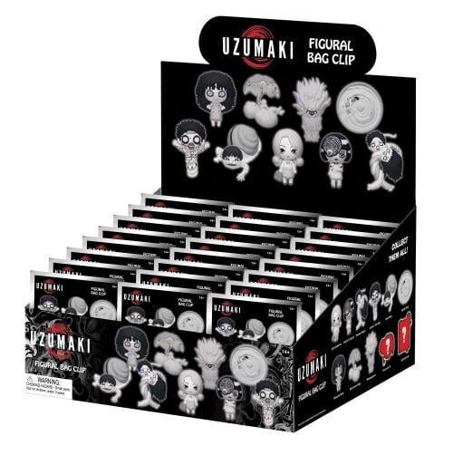 Display of Uzumaki figural bag clips with packaging on a white background
