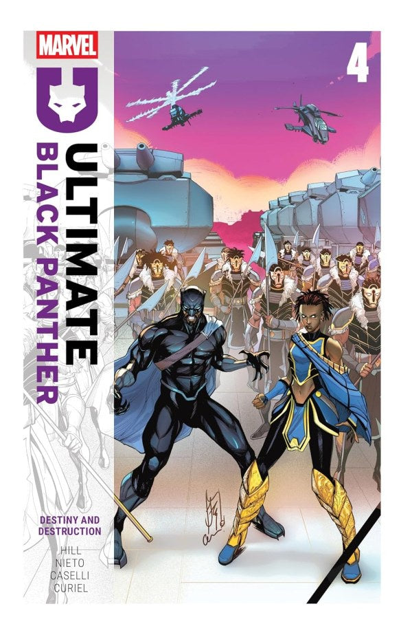 Marvel's Ultimate Black Panther #4 comic book cover featuring Black Panther and Shuri in a dynamic action scene with Wakandan soldiers and helicopters in the background.