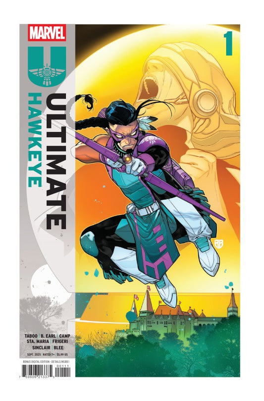 Comic book cover of 'Ultimate Hawkeye' with a superhero in action pose against a colorful background.