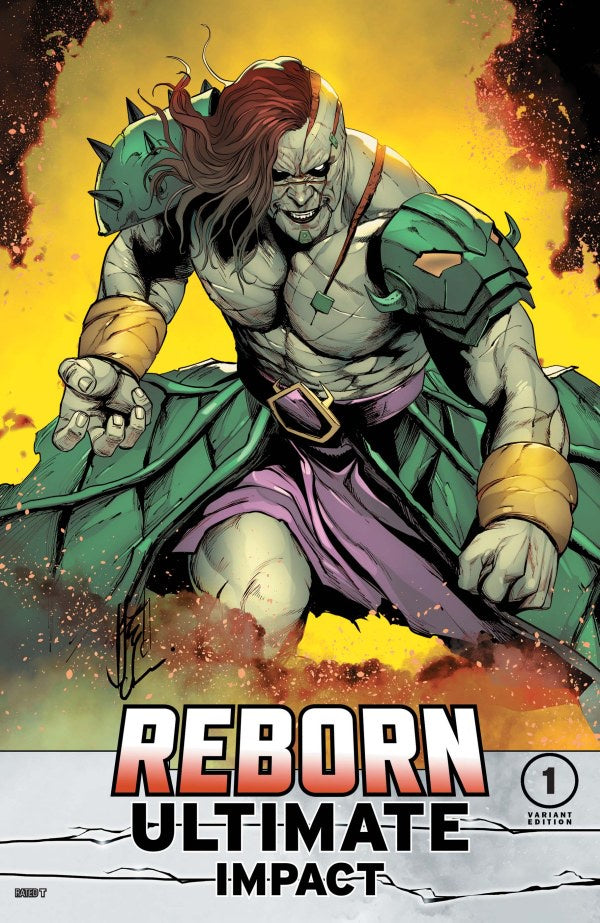 Comic book cover featuring a muscular character with green and purple attire against a fiery background.
