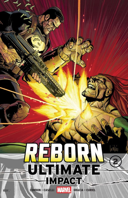Comic book cover featuring a superhero in action with text 'Reborn Ultimate Impact' on a red and yellow background.