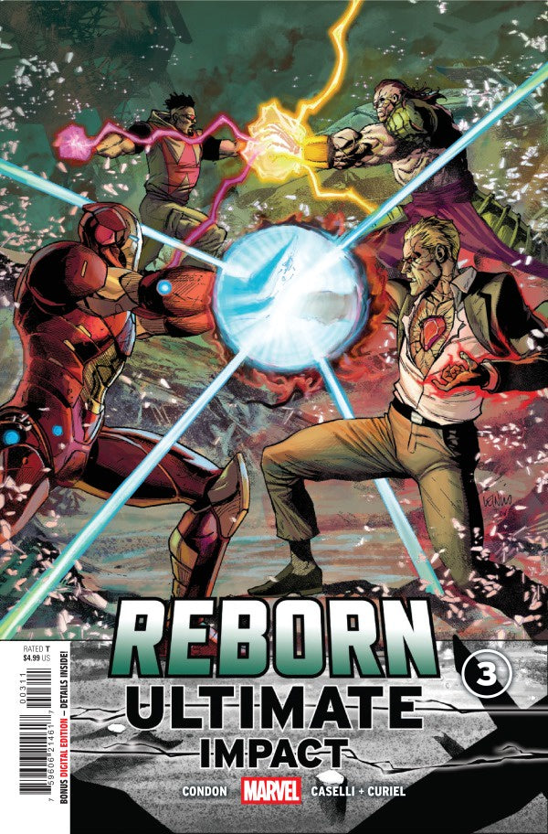 Comic book cover for Marvel's 'Reborn Ultimate Impact' issue number 3, featuring a dynamic battle scene with Marvel characters including Iron Man, Hulk, and others, with the title text at the bottom.
