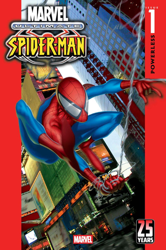 Marvel Ultimate Spider-Man comic book cover with Spider-Man swinging through a cityscape.