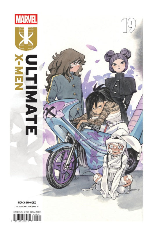 Comic book cover featuring characters on a motorcycle with Marvel logo and 'Ultimate X-Men' title.