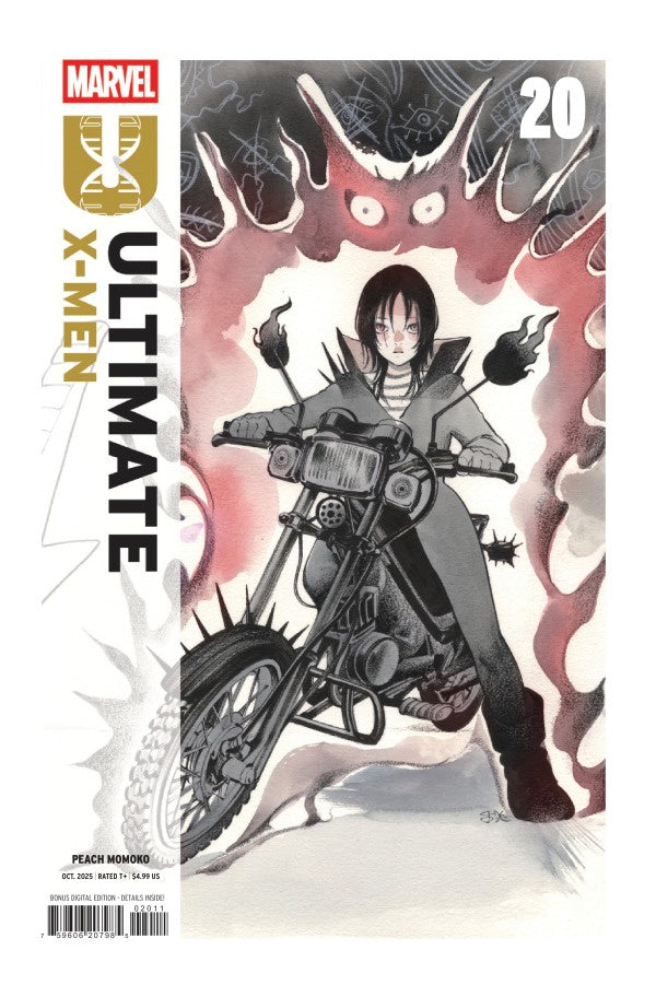 Comic book cover featuring a character on a motorcycle with a menacing creature in the background, Marvel logo visible.