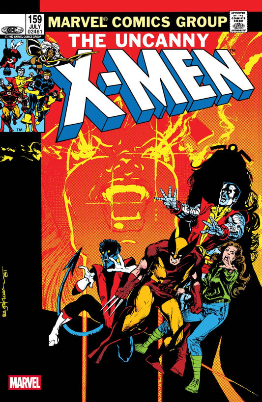 Front cover of Marvel Comics Group's The Uncanny X-Men #100 comic book, featuring the title in large blue and white letters over a fiery red and orange background with several X-Men characters in action poses.