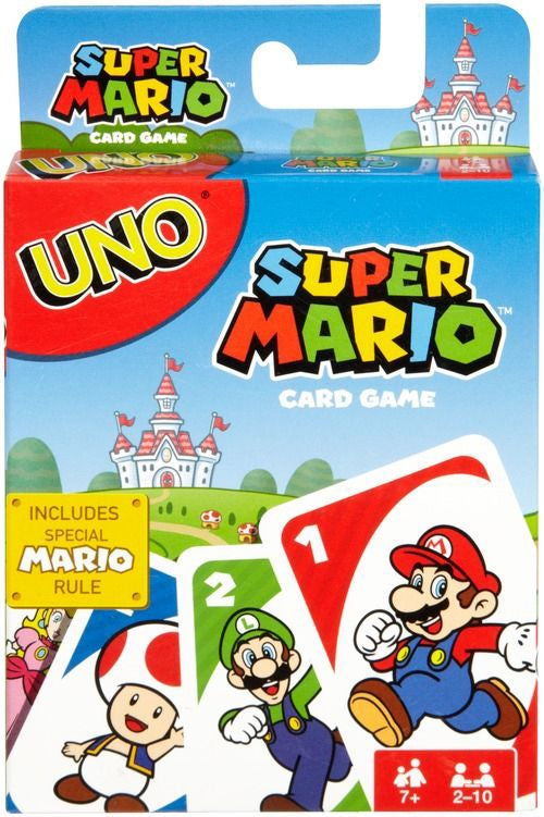 Super Mario Uno card game packaging with characters and castle illustration