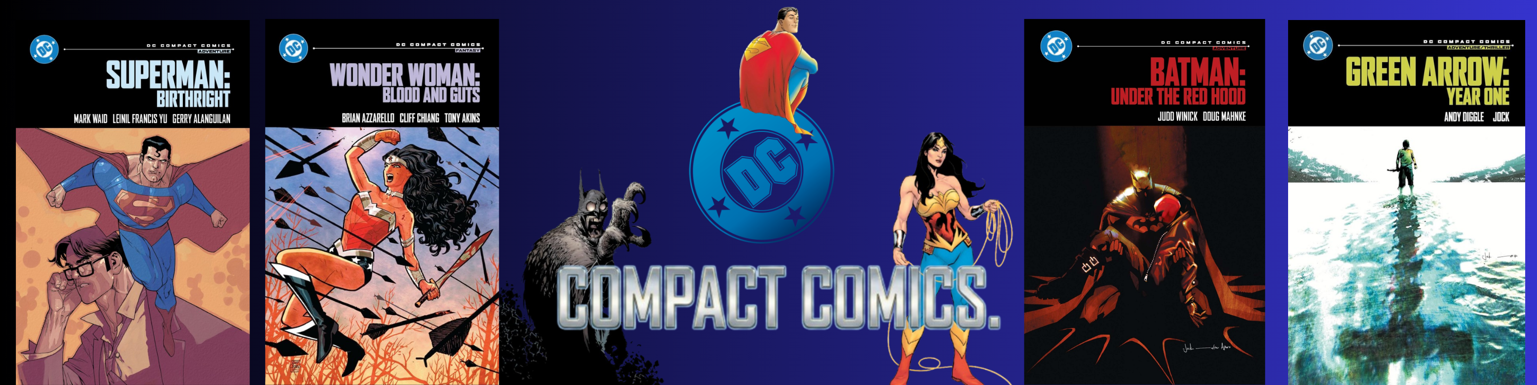 Collection of DC Comics compact books with superhero characters on a blue background