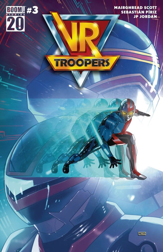 Comic book cover of 'VR Troopers' with a superhero in a helmet and suit.