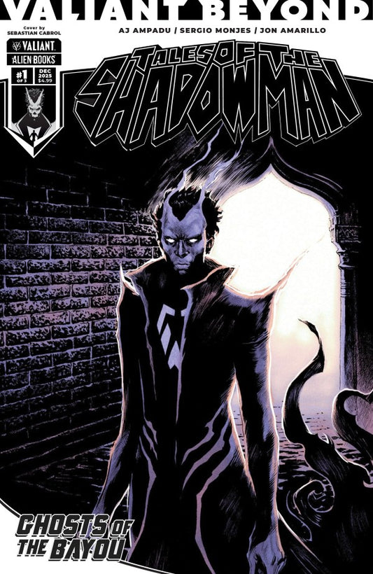 Comic book cover featuring a character in a dark suit with horns, set against a brick wall.