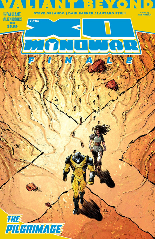 Comic book cover featuring two characters on a desert landscape with 'Valiant Beyond' branding.