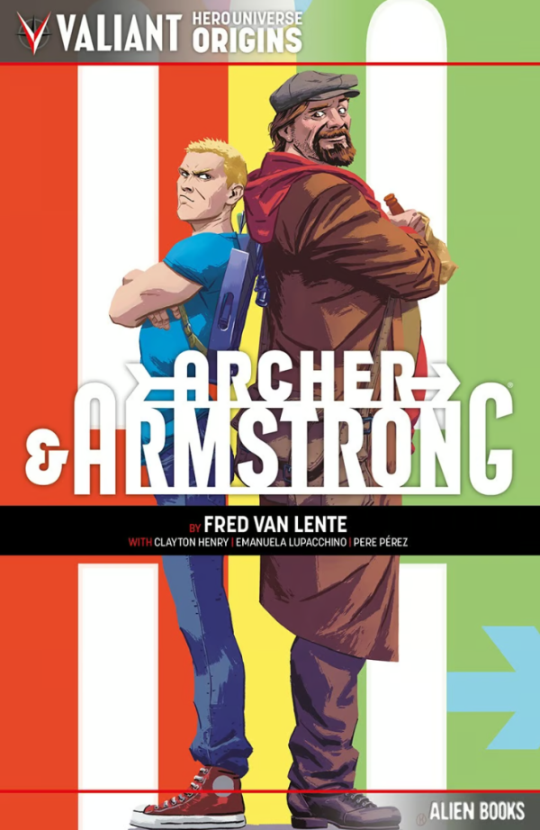 Comic book cover of 'Archer & Armstrong' with colorful background and character illustration.