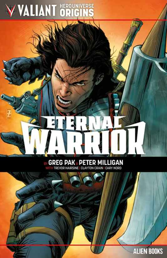 Comic book cover of 'Eternal Warrior' with a warrior holding a weapon on an orange background.