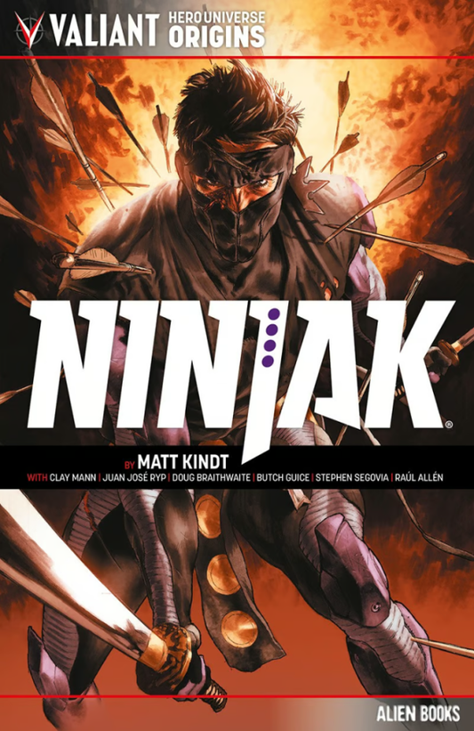 Comic book cover of Ninjak with character holding a sword and arrows.