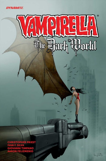 Comic book cover featuring Vampirella with bat wings and a cityscape in the background.