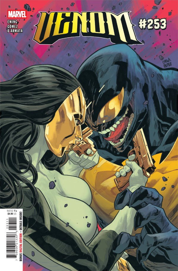 Comic book cover featuring Venom and a woman with a gun, titled 'Venom #253'.