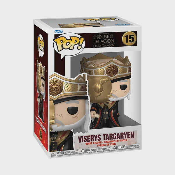 A Funko POP! vinyl figure of Viserys Targaryen from House of the Dragon, packaged in a collector-friendly window box.