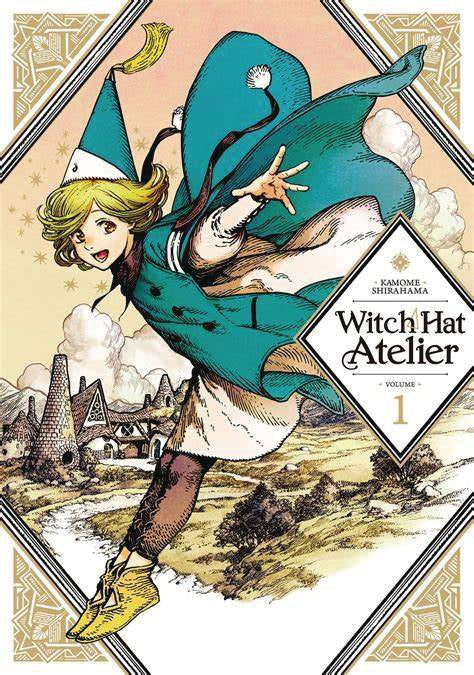 Book cover of 'Witch Hat Atelier' with a character in a blue hat and coat against a village background.